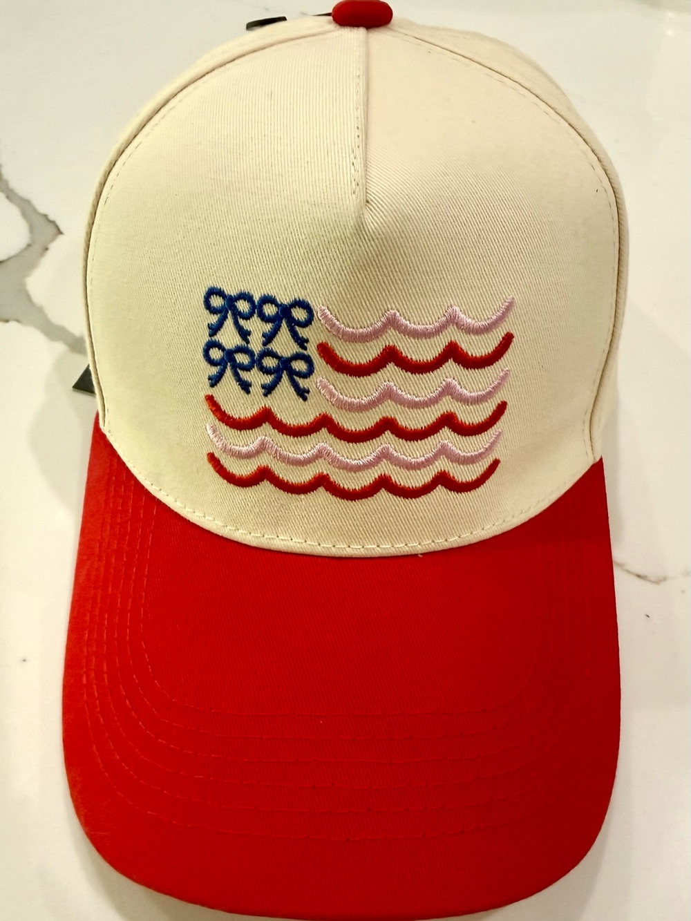 Cream, Blue, Pink and Red Embroidered Wave Flag 🧢